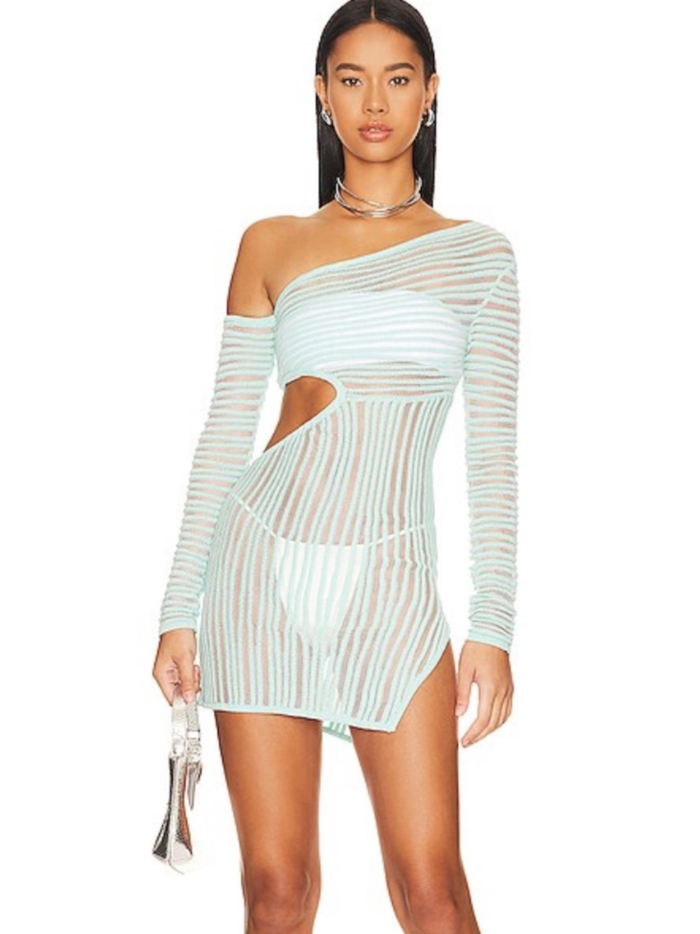 Revolve Sheer One-Shoulder Cutout Mini Dress in Mint
